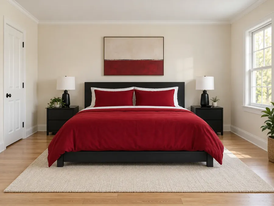 Illustrative AI concept: bedroom with warm white walls, a low black wood bed with a deep red duvet, black nightstands and lamps and a pale rug