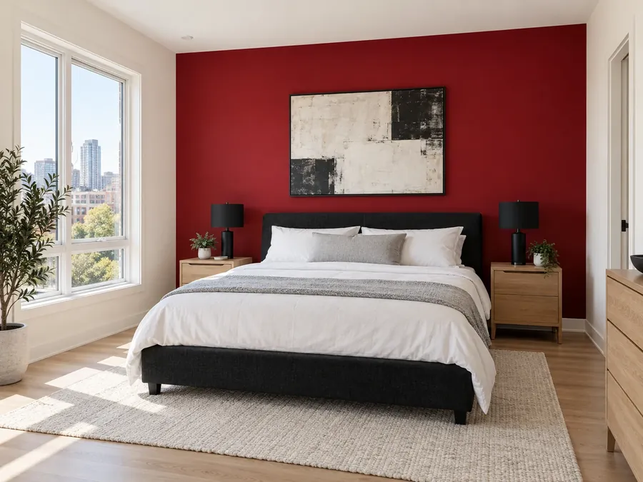 Illustrative AI concept: bedroom with a deep red wall behind a black upholstered bed, white and pale grey bedding and warm white side walls