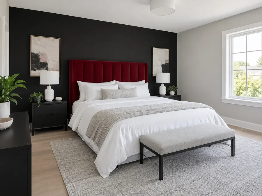 Illustrative AI concept: bedroom with a matte black wall behind a tall deep red velvet headboard, white bedding, soft grey side walls and a pale grey rug