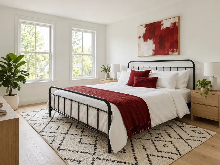 Illustrative AI concept: bright bedroom with white walls, a black metal bed, white bedding with red cushions and throw, a black and white rug and a red print