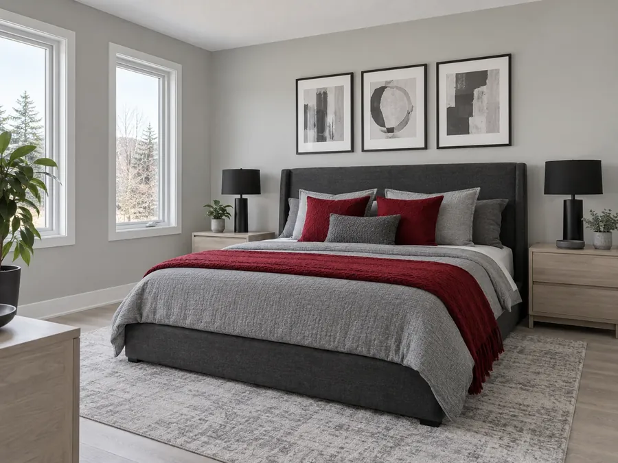 Illustrative AI concept: bedroom with soft grey walls, a charcoal upholstered bed with grey bedding, red cushions and throw, and black lamps and frames
