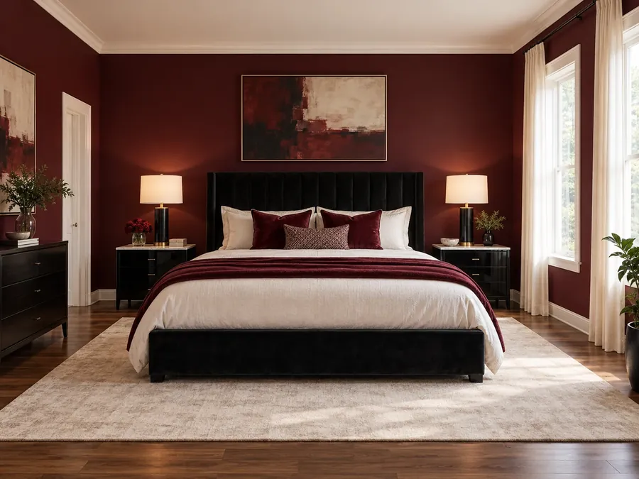Illustrative AI concept: bedroom with deep burgundy walls, a black velvet bed with cream and burgundy bedding, black lacquer nightstands with marble tops and brass lamps