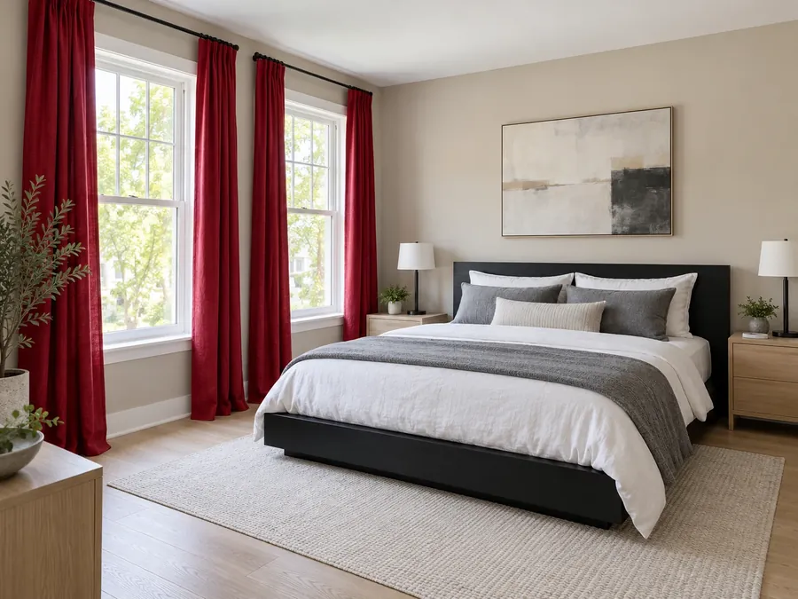 Illustrative AI concept: bedroom with greige walls, floor-length deep red linen curtains on black rods, a low black platform bed and white and grey bedding