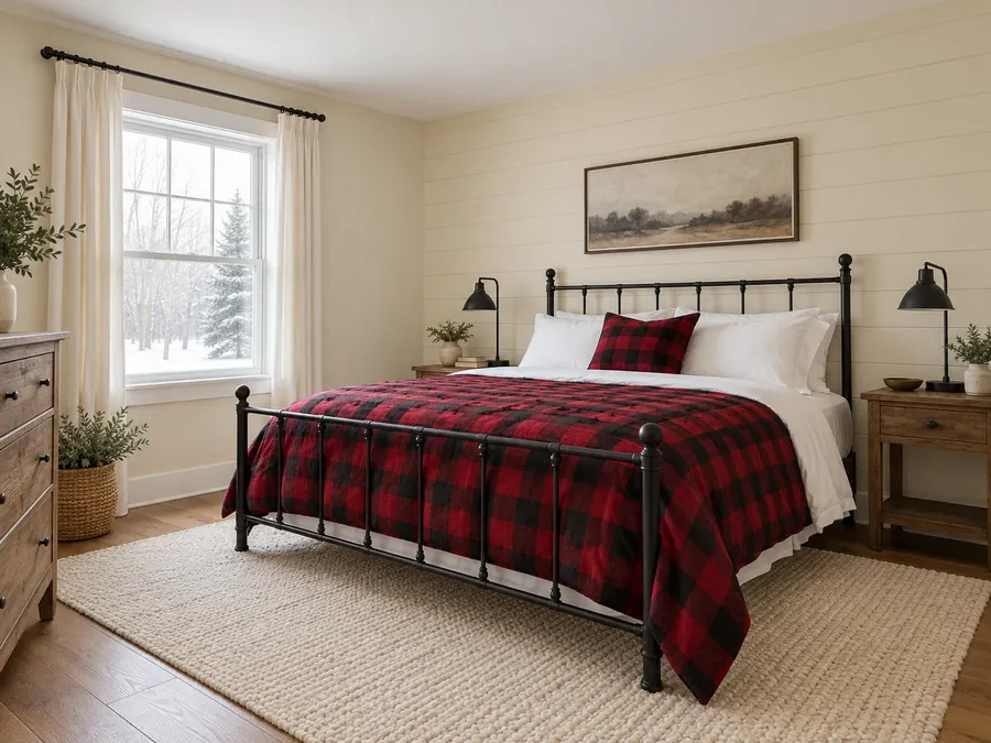 Illustrative AI concept: farmhouse bedroom with cream walls, a black iron bed with a red and black buffalo check duvet, wood nightstands and black iron lamps