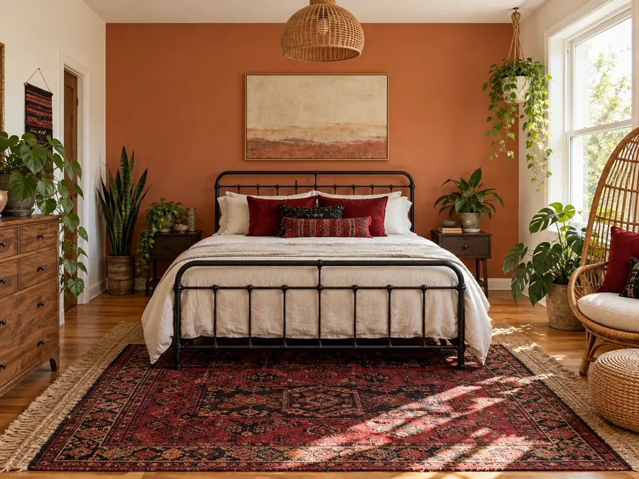 Illustrative AI concept: bohemian bedroom with a terracotta wall behind a black iron bed, a red and black patterned rug, deep red and black cushions, rattan and plants