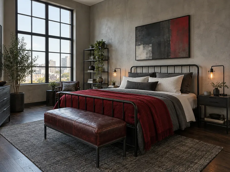 Illustrative AI concept: industrial bedroom with concrete-grey walls, a black metal bed with a deep red wool blanket, an oxblood leather bench and filament bulb lamps