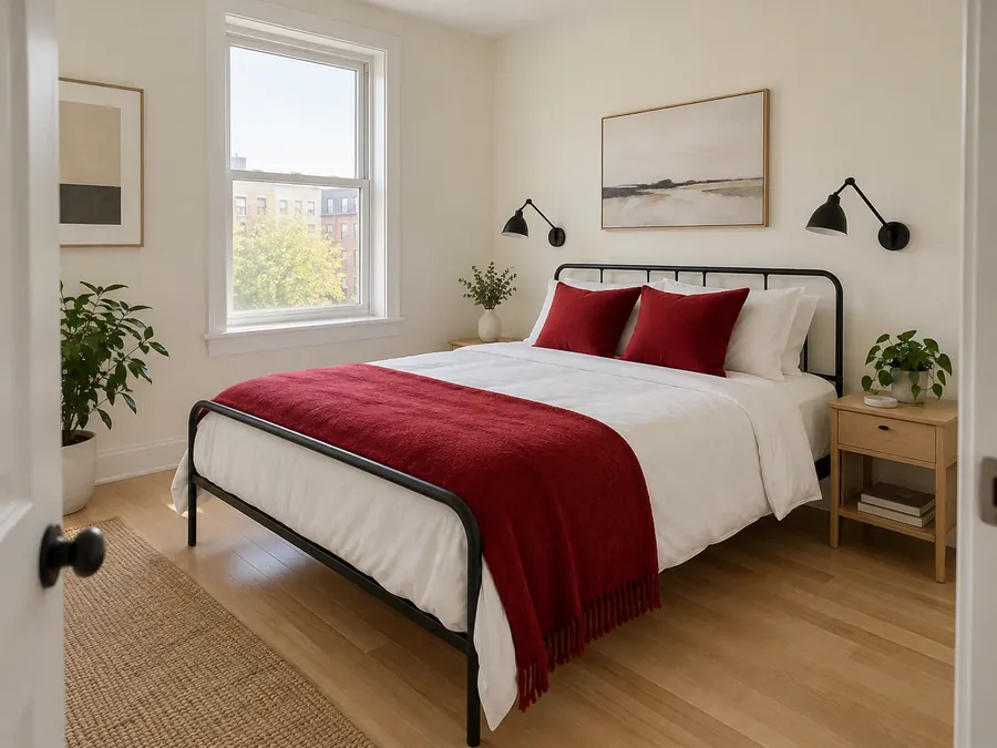 Illustrative AI concept: small bedroom with warm white walls, a slim black metal bed, white bedding with a deep red throw and cushions, and black wall-mounted lamps