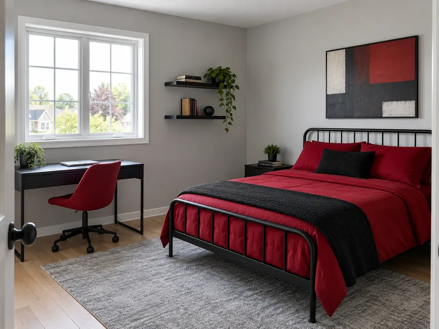 Illustrative AI concept: teen bedroom with soft grey walls, a black metal bed with red and black bedding, a black desk with a red chair, black shelves and a grey rug
