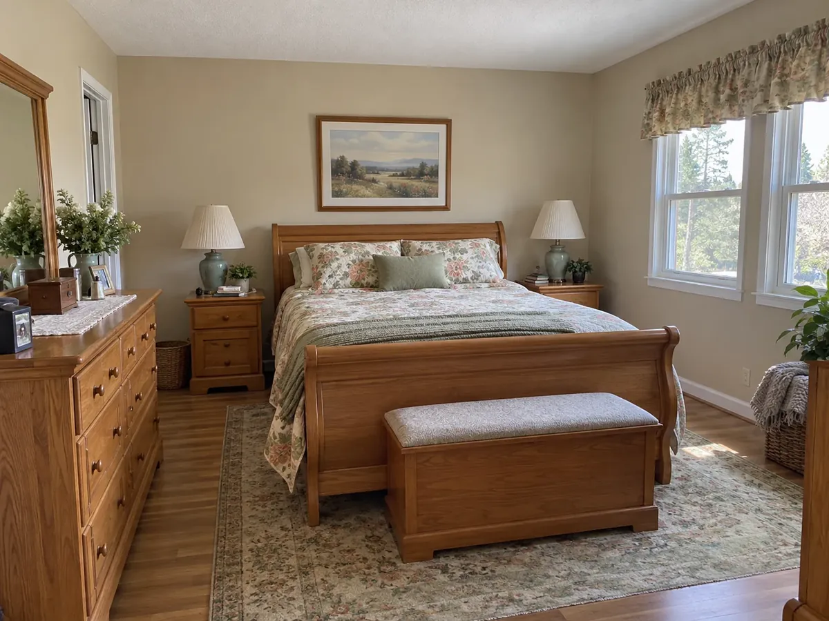 Forest Green Bedroom with Walnut Furniture — Before