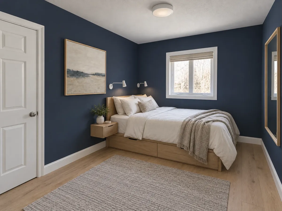 Illustrative AI concept: a small bedroom with navy walls, a low bed with storage drawers and wall-mounted reading lights