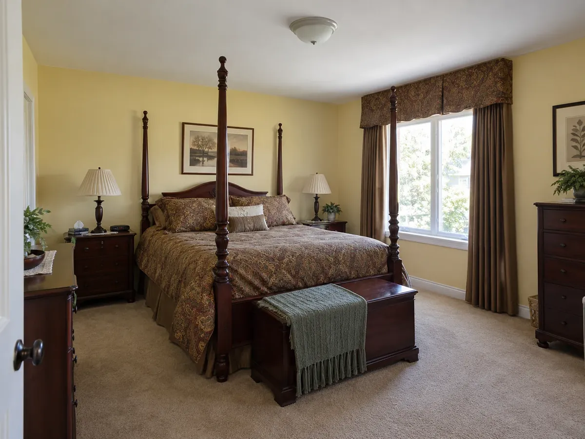 Japanese Zen redesign of a carpeted bedroom from the same photo — Before