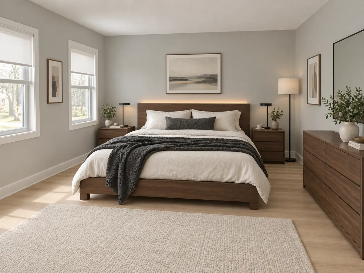 Modern Japanese Bedroom in Walnut and Grey — After