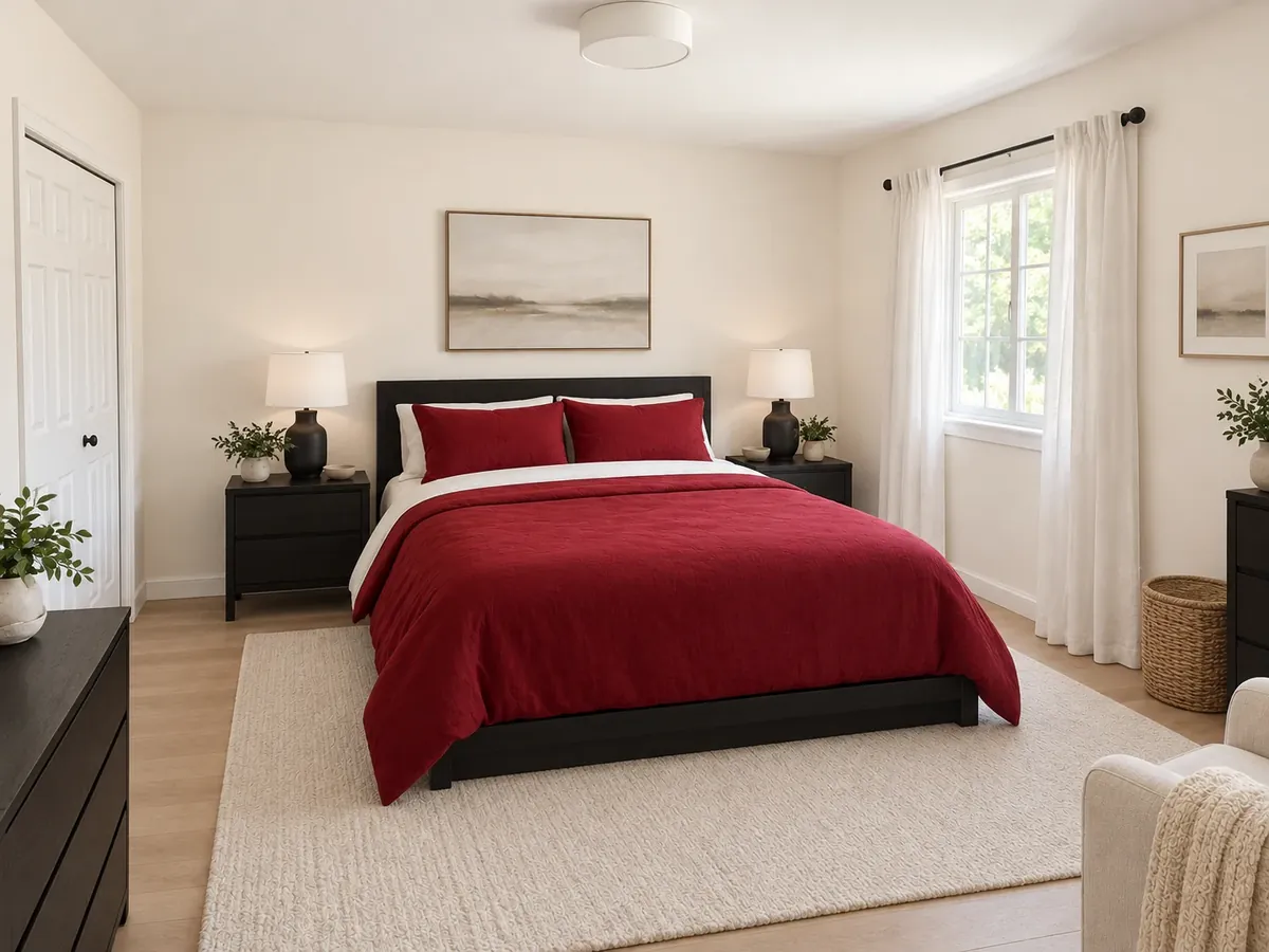 Red and Black Bedroom: Black Bed, Red Duvet — After