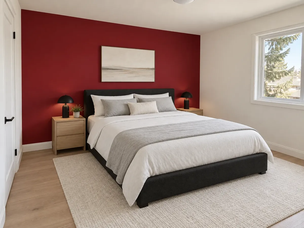 Deep Red Accent Wall Behind a Black Bed — After