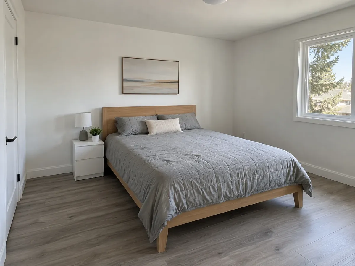 Deep Red Accent Wall Behind a Black Bed — Before