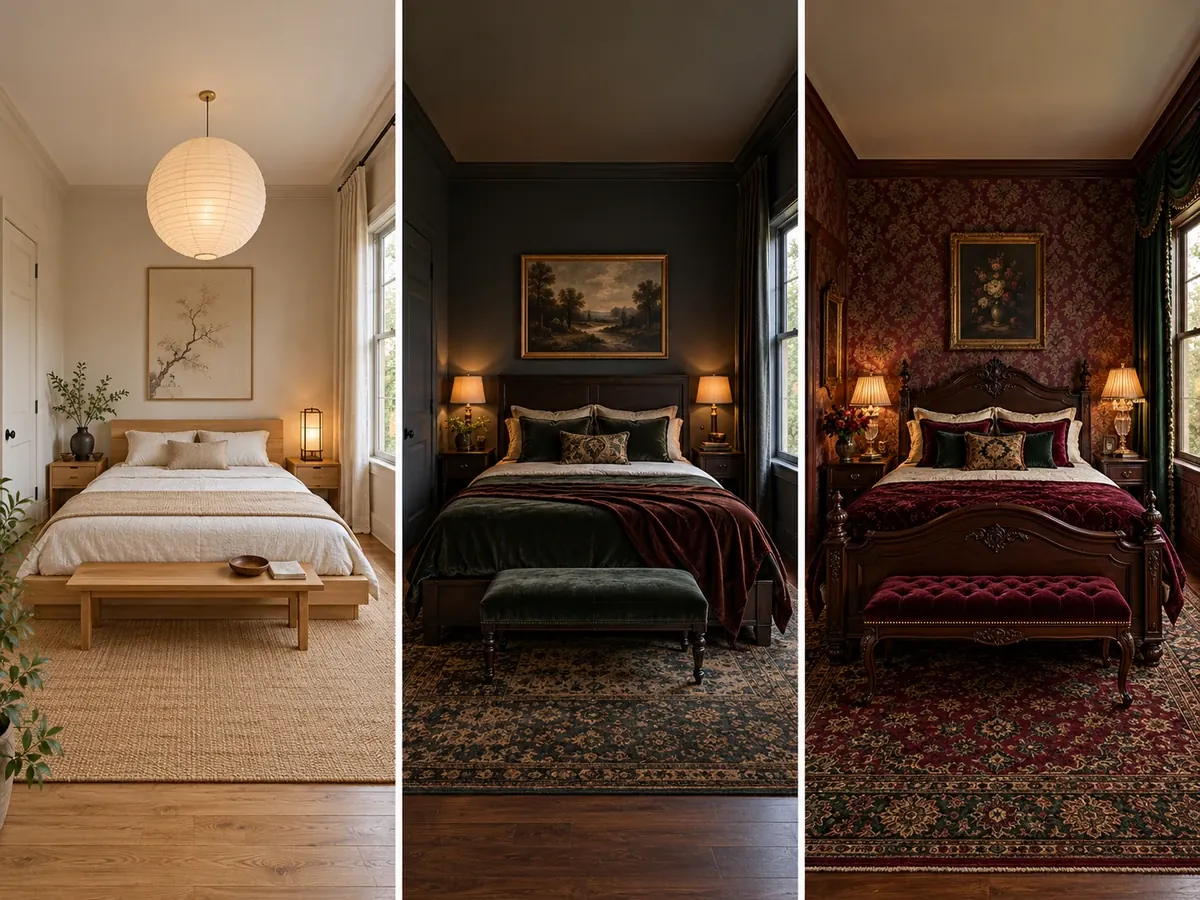 Illustrative AI concept: one bedroom shown in three styles