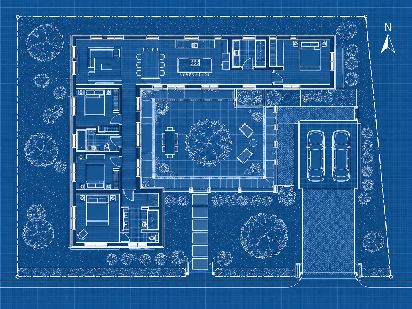 Courtyard home blueprint with site outline — After