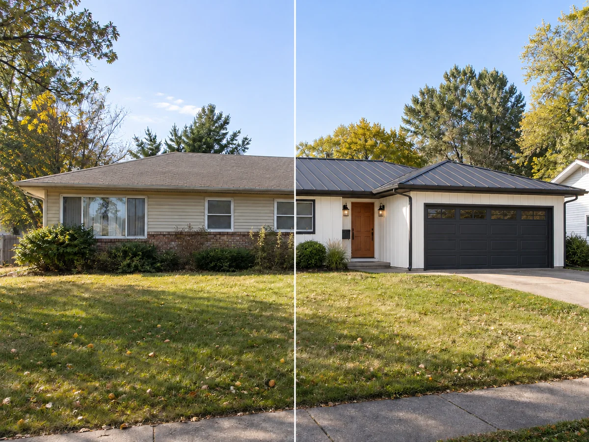 A ranch house split down the middle, original on the left and restyled on the right, with the roofline and windows lining up
