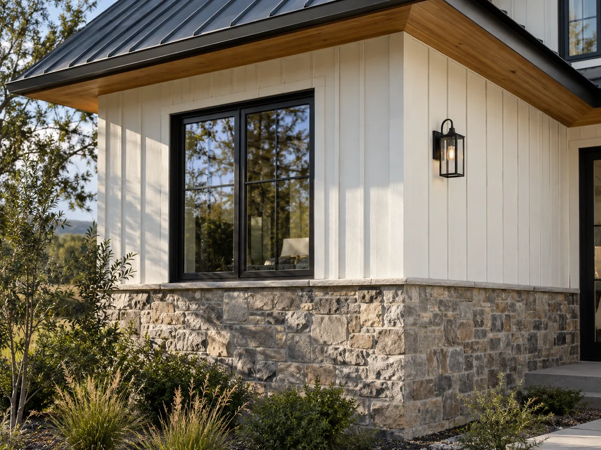 Close view of white board-and-batten siding above a stone base with a black window frame and metal roof edge