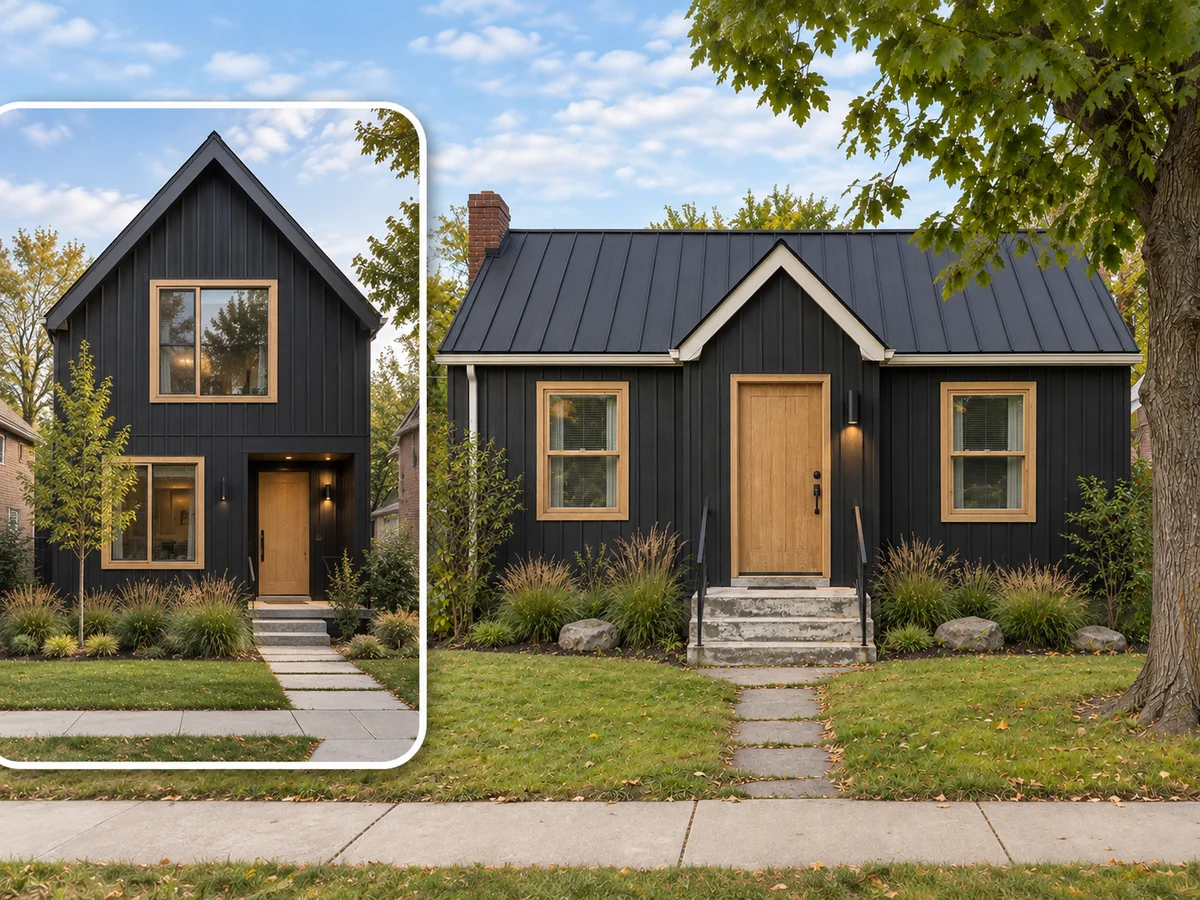 A reference photo of a black-clad two-story house beside a small cottage restyled with similar materials but its own shape
