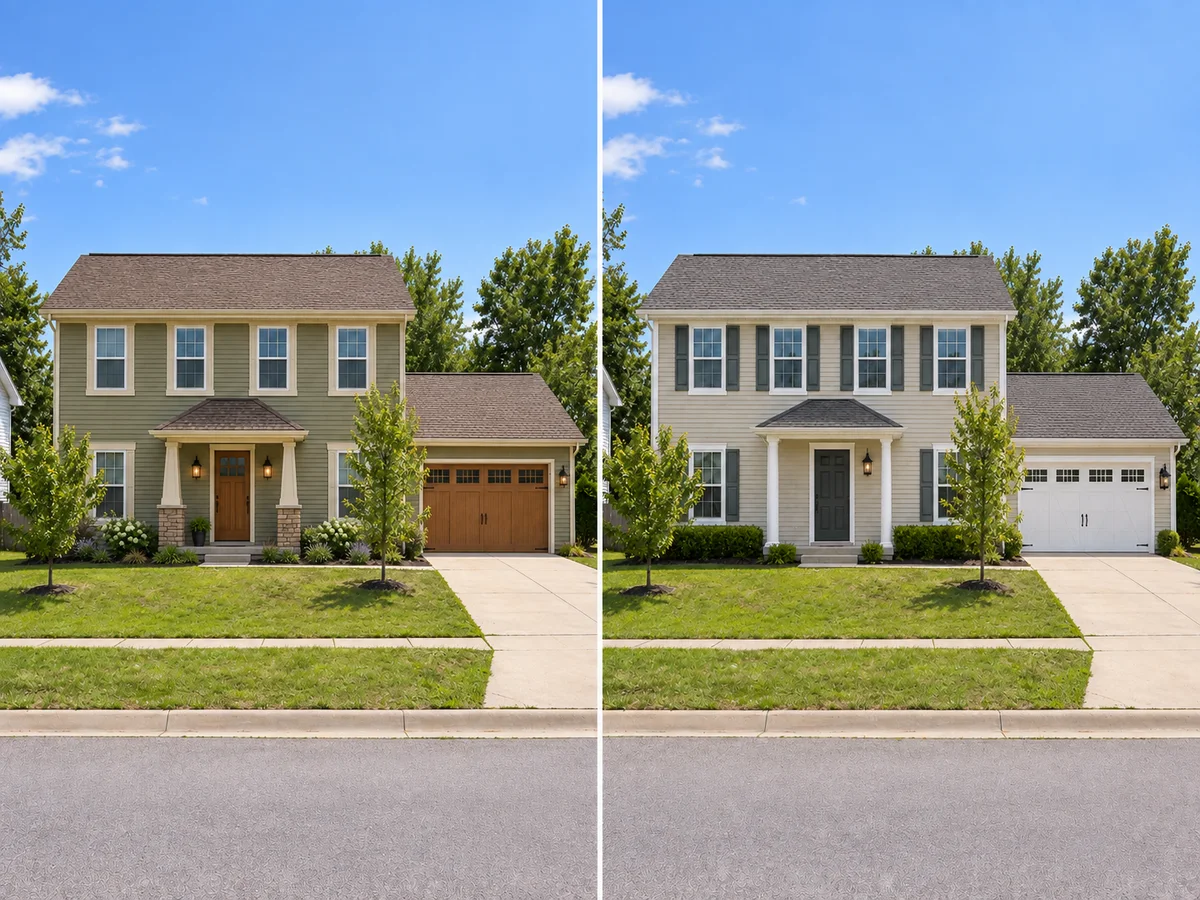 Two exterior style directions for the same two-story house shown side by side