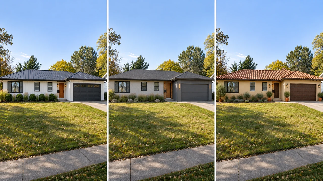 One ranch house shown in three exterior styles: Modern Farmhouse, Contemporary and Mediterranean