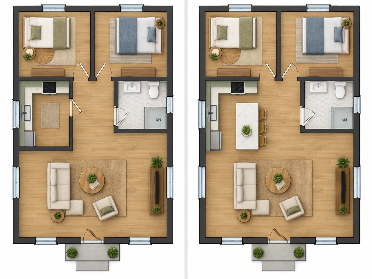 A floor plan before and after the kitchen was opened up with an island