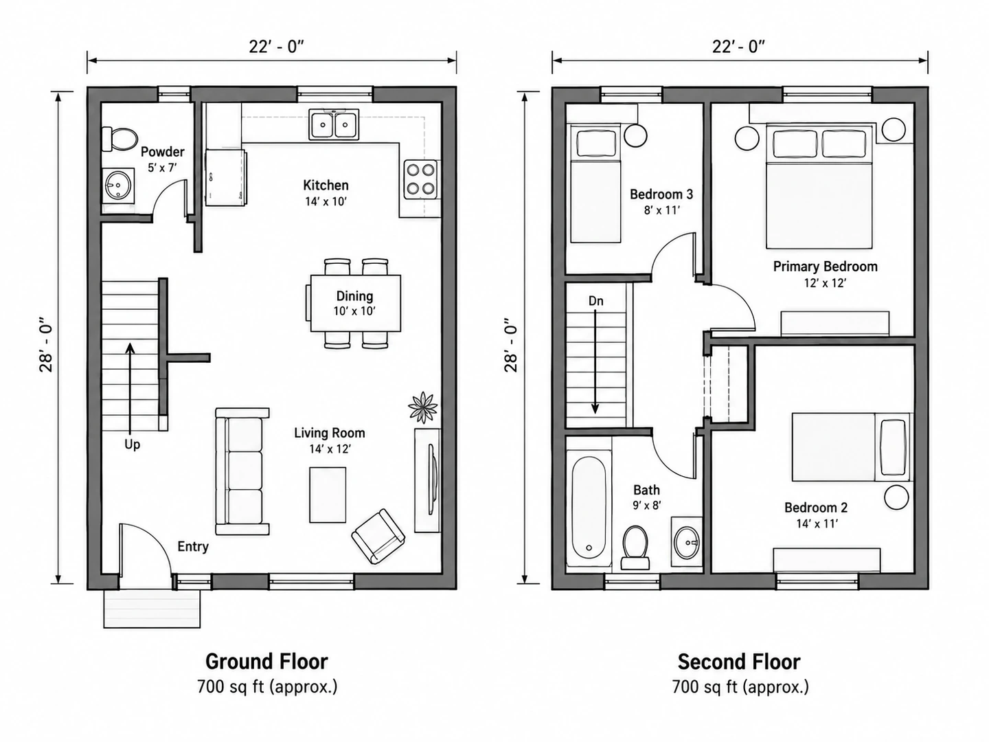 Technical 2D ground and second floor plans of a narrow 3-bedroom townhouse