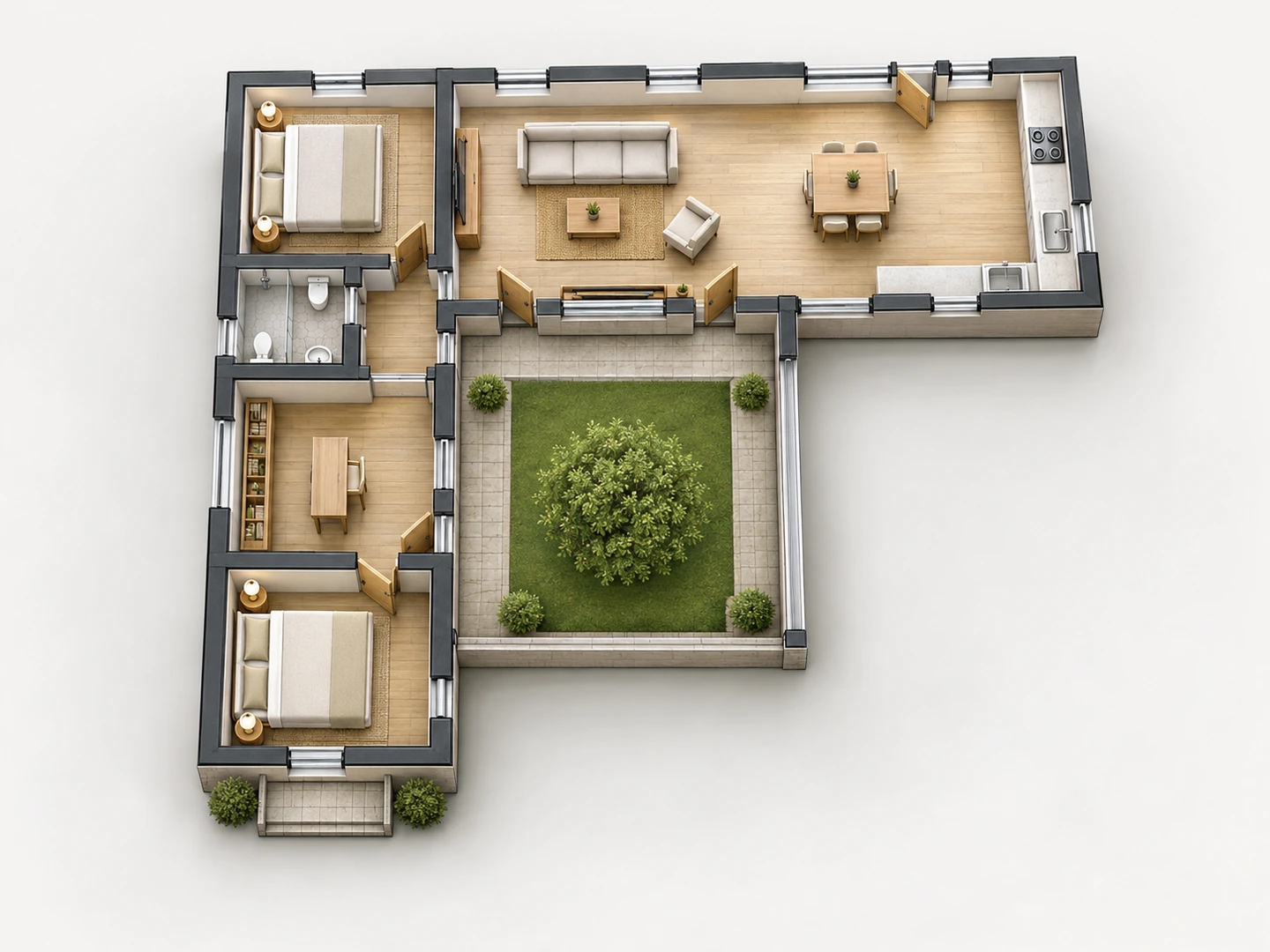 2.5D floor plan of an L-shaped home around a courtyard garden