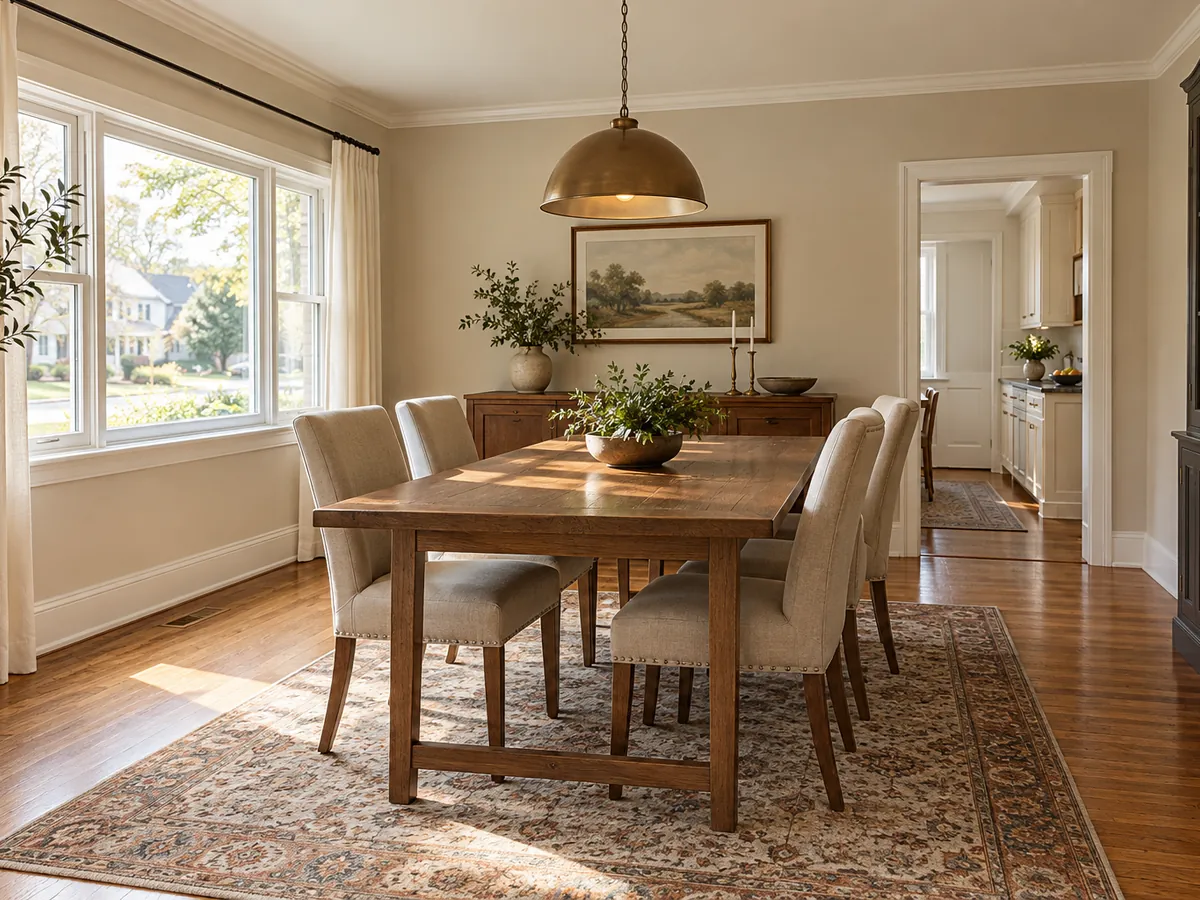 Illustrative AI concept: renovated dining room with light walls and existing window