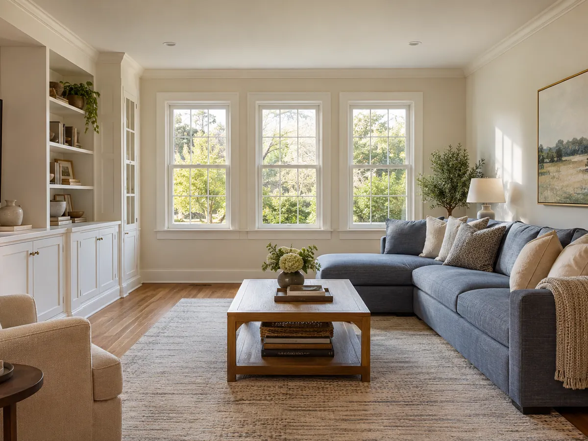 Illustrative AI concept: renovated family room with existing windows and walls