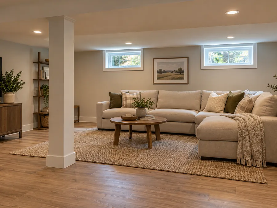 Illustrative AI concept: finished basement family room with support post and small windows