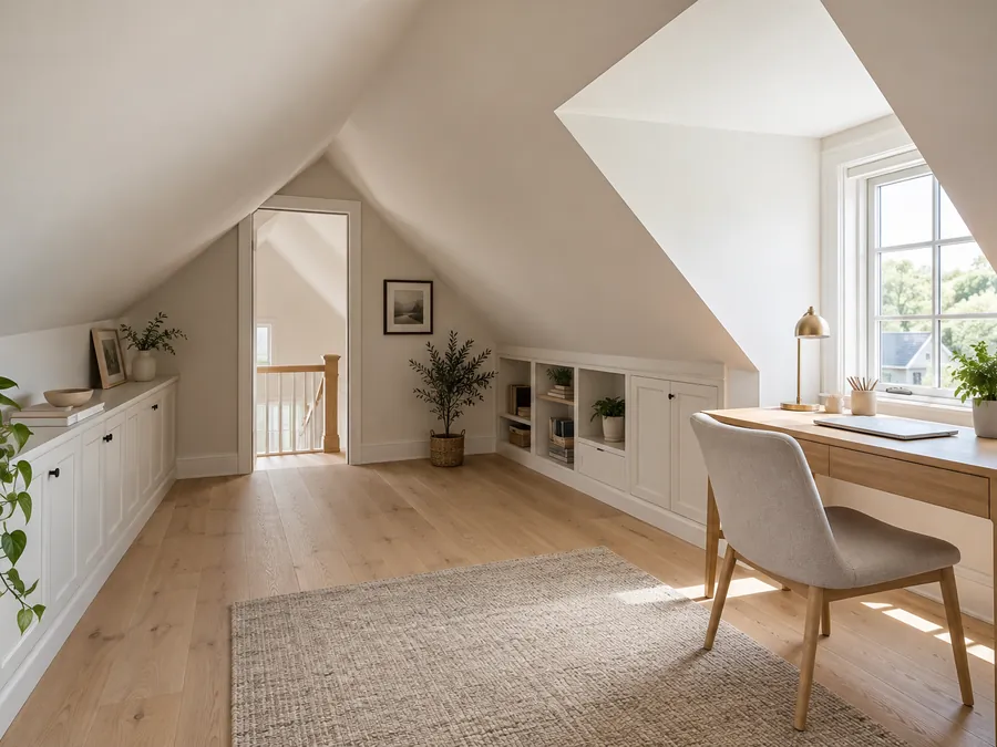 Illustrative AI concept: finished attic office with original sloped ceiling and dormer window