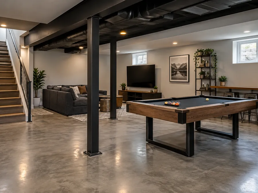 Illustrative AI concept: finished basement recreation room retaining stairs and posts