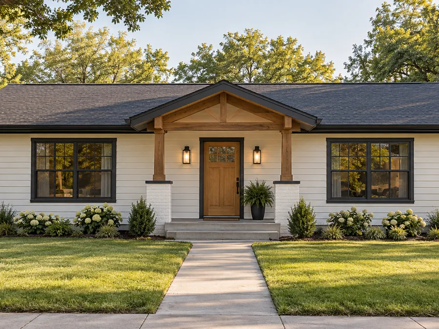 Illustrative AI concept: single-story ranch with white siding, charcoal trim and original roof