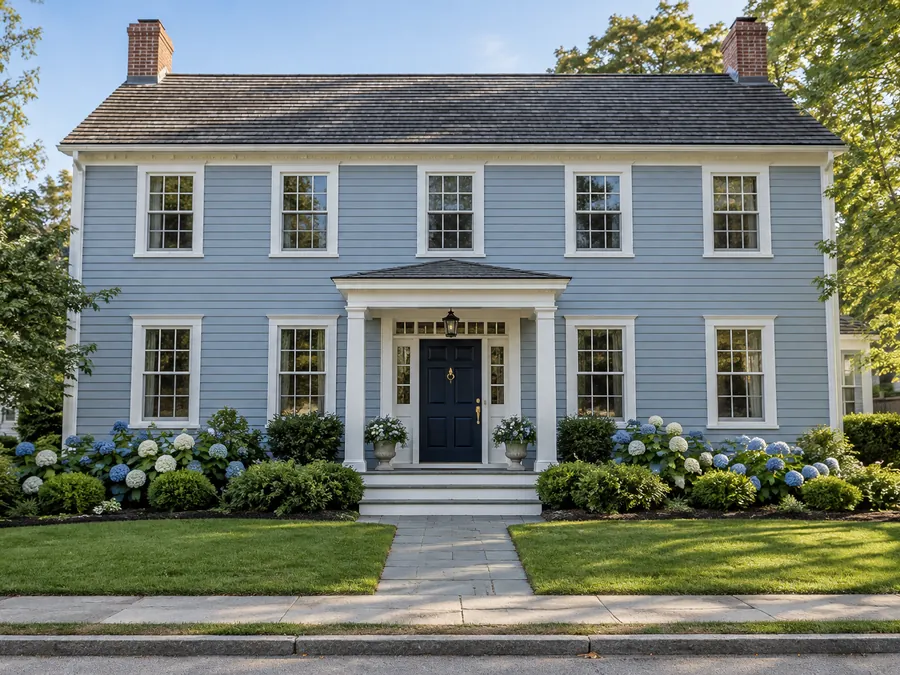 Illustrative AI concept: two-story colonial with pale blue siding and unchanged windows