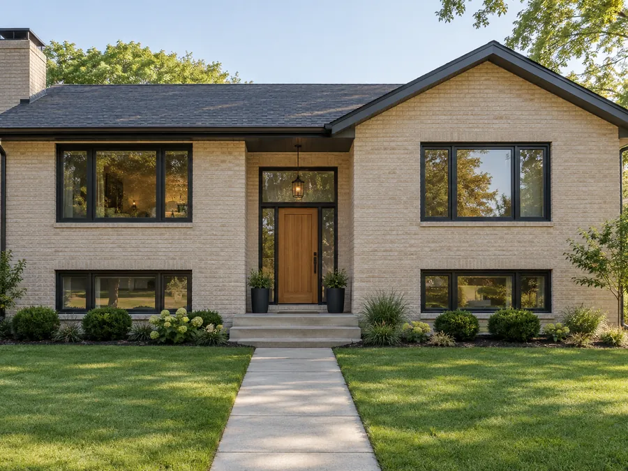 Illustrative AI concept: brick suburban house with charcoal trim and original windows