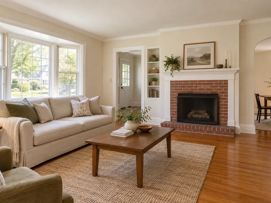 Illustrative AI concept: repaired living room with neutral walls, refreshed floor and intact windows