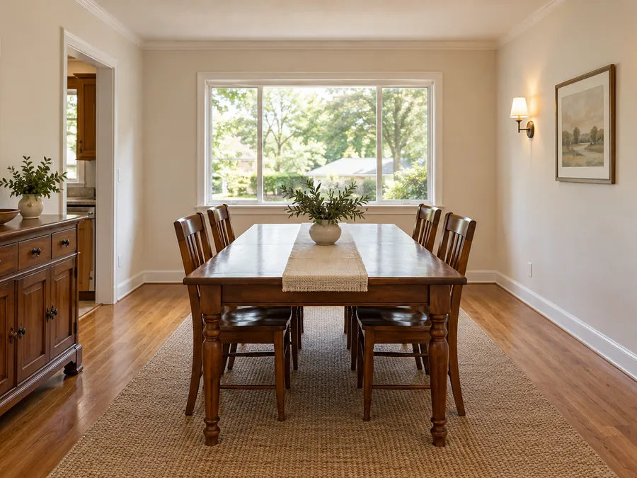 Illustrative AI concept: dining room repaired with off-white walls and sound trim