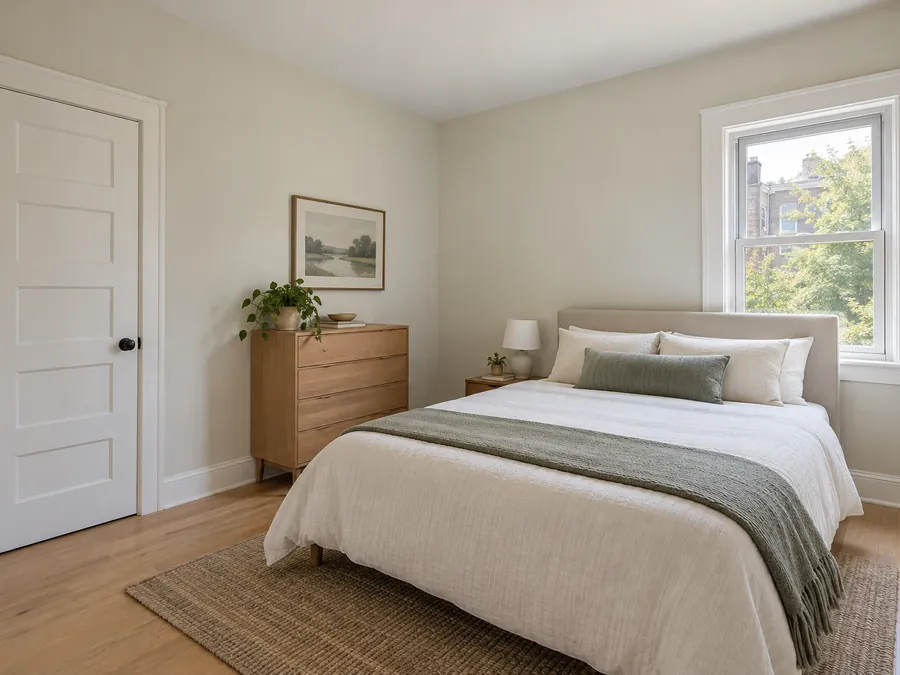 Illustrative AI concept: modest bedroom repaired in neutral colors with existing door and window