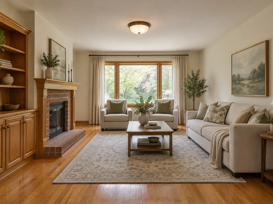 Illustrative AI concept: living room with cream paint and lighting but original floor