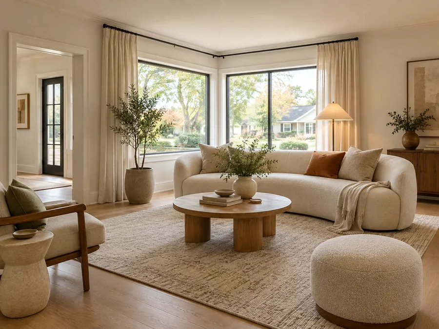Illustrative AI concept: family room with light oak flooring and existing windows