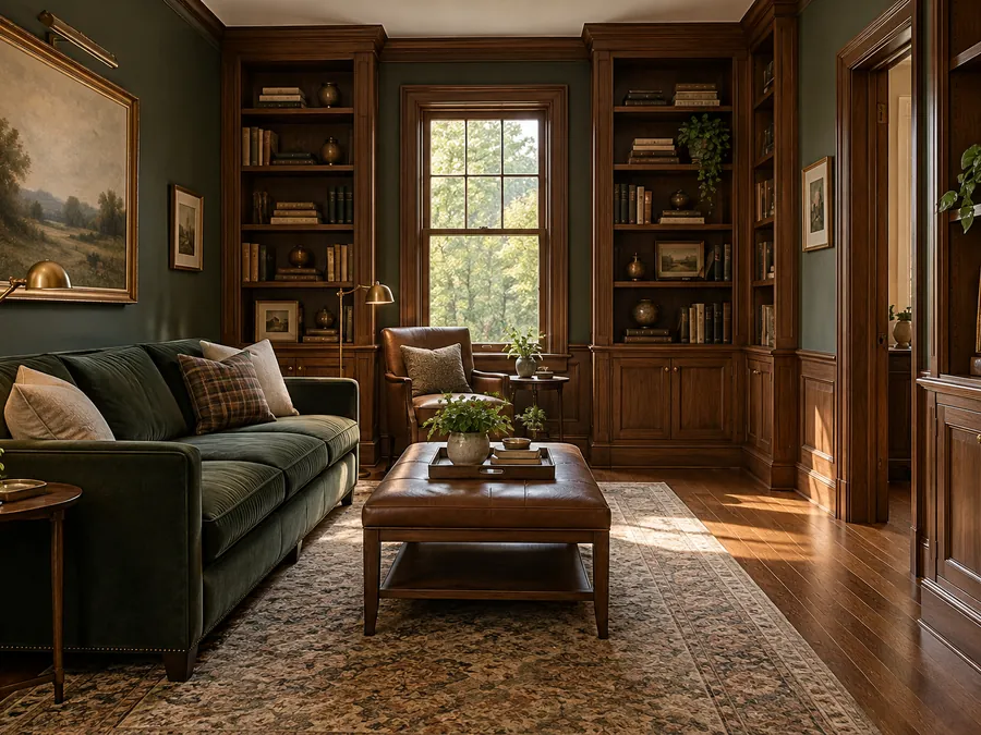 Illustrative AI concept: traditional den with walnut built-ins and unchanged doorway