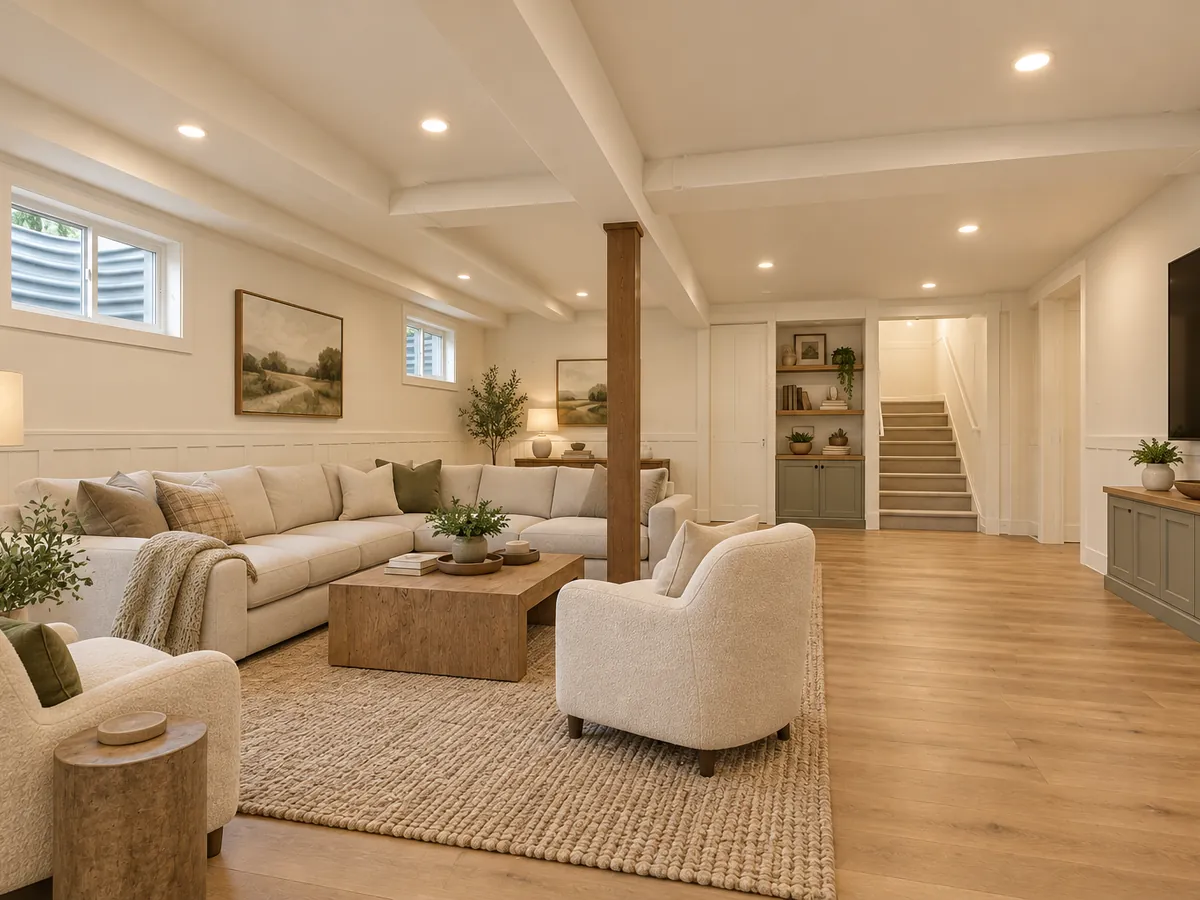 Unfinished Basement to Family Room — AI-generated illustration — After
