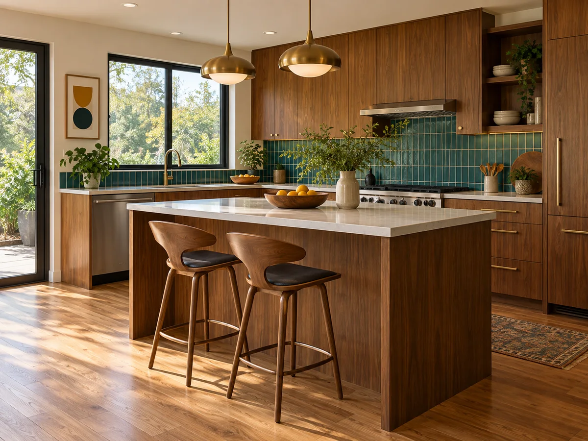 A redesigned kitchen where finishes, lighting and flooring follow one style