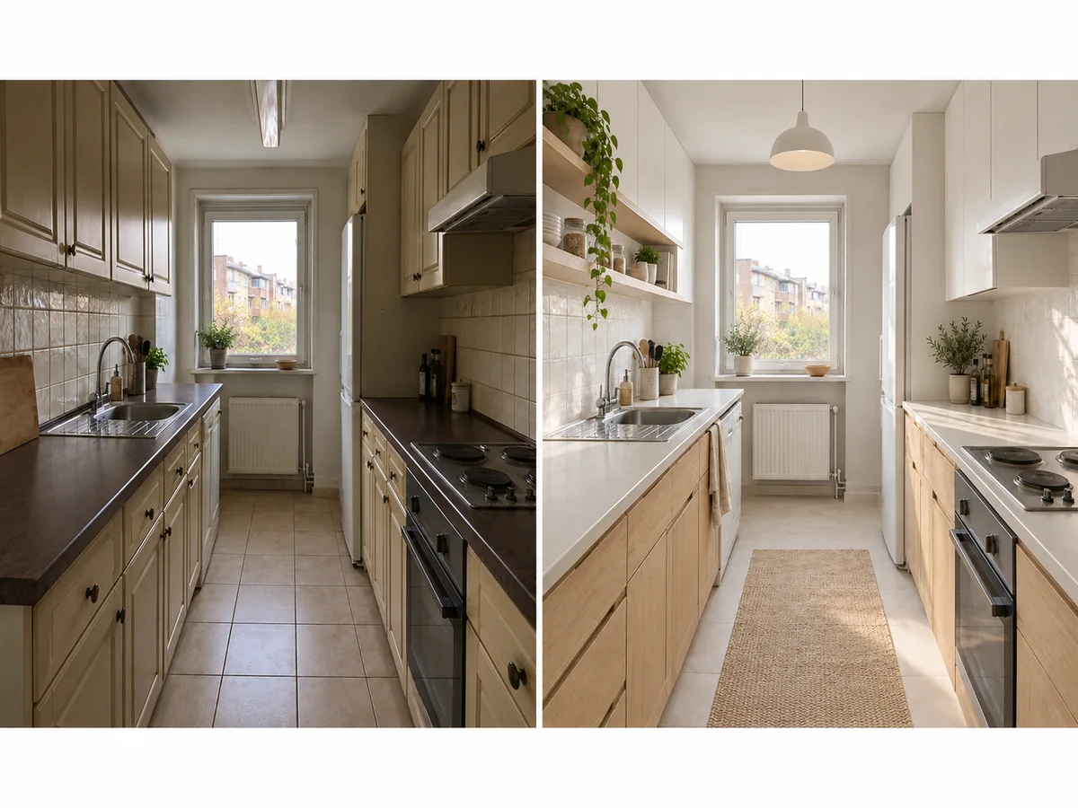 The same galley kitchen before and after, with its window in the same place