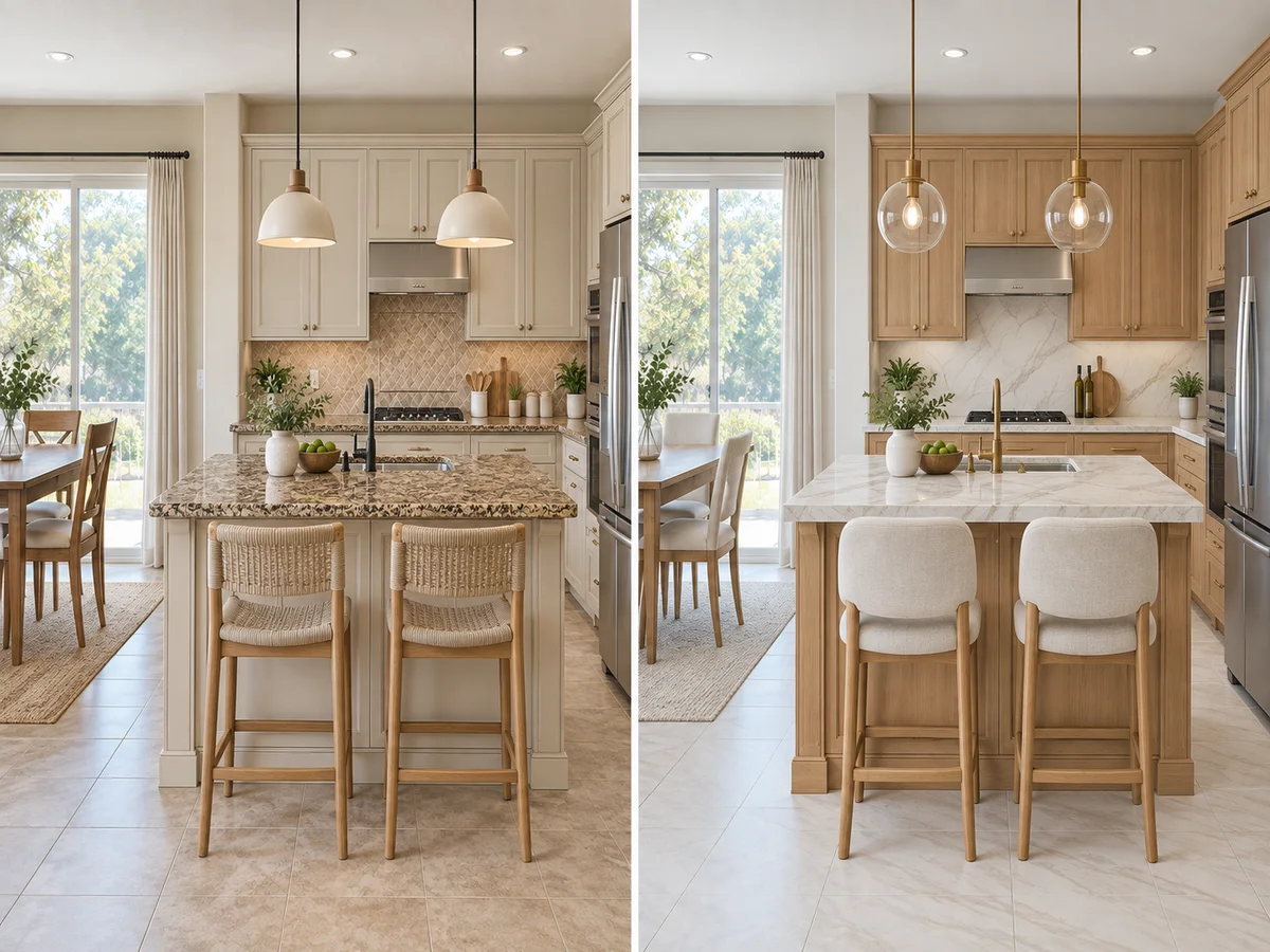One kitchen shown as a light refresh and as a fuller renovation