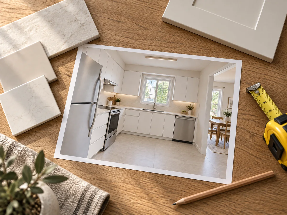 A printed kitchen concept on a counter next to tile samples and a tape measure