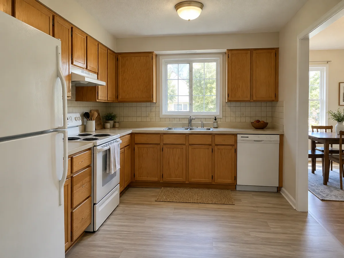 A dated kitchen redesigned in the Modern Minimalist style — Before