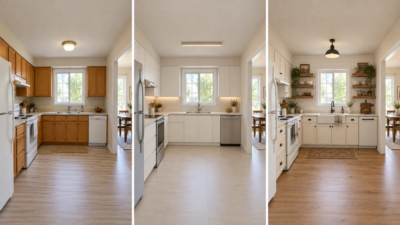 One kitchen photo shown as the original and in two redesigned styles